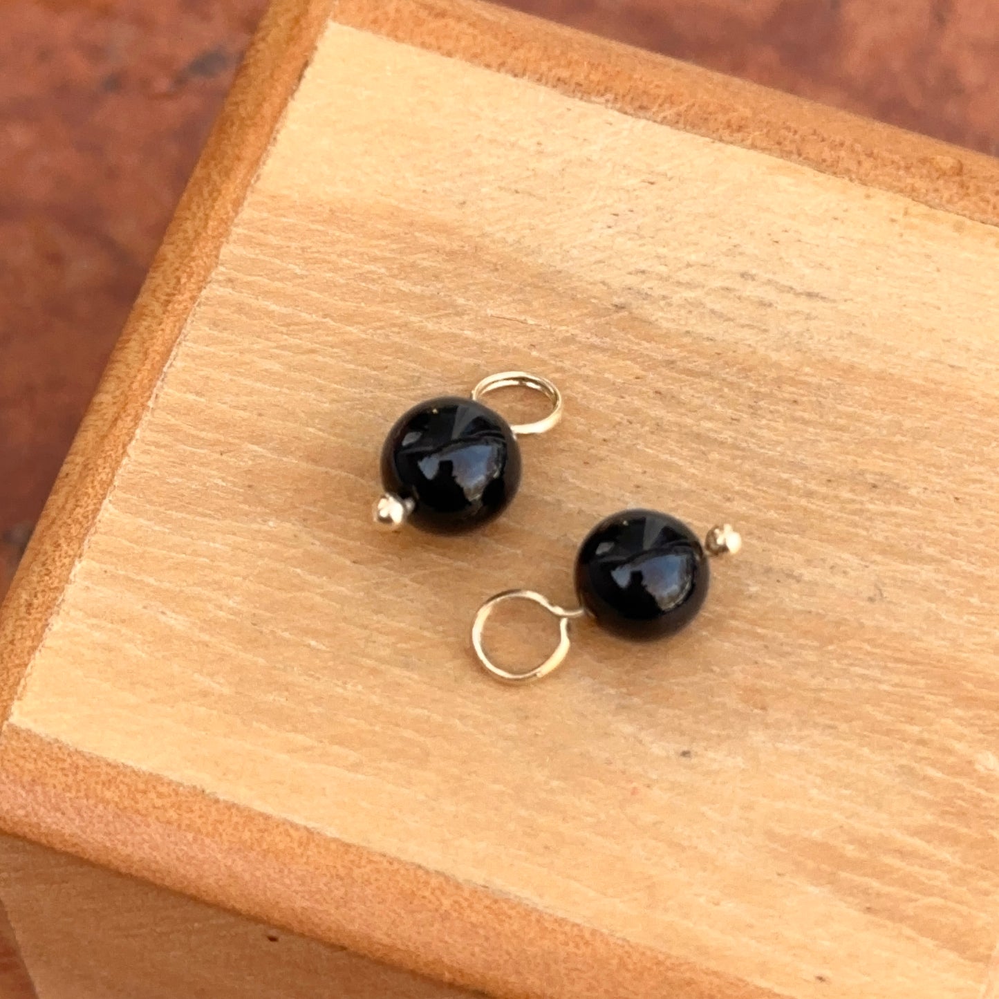 Estate 14KT Yellow Gold Black Onyx Round Ball Earring Charms 6mm