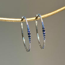 Load image into Gallery viewer, 14KT White Gold Ombre Blue Sapphire + Diamond Hoop Earrings