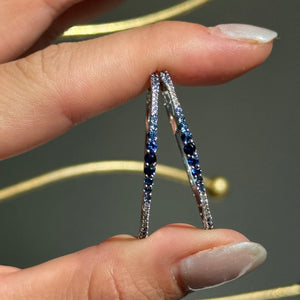 14KT White Gold Ombre Blue Sapphire + Diamond Hoop Earrings
