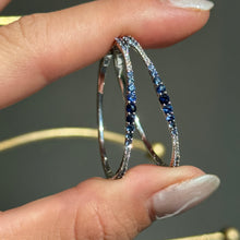 Load image into Gallery viewer, 14KT White Gold Ombre Blue Sapphire + Diamond Hoop Earrings