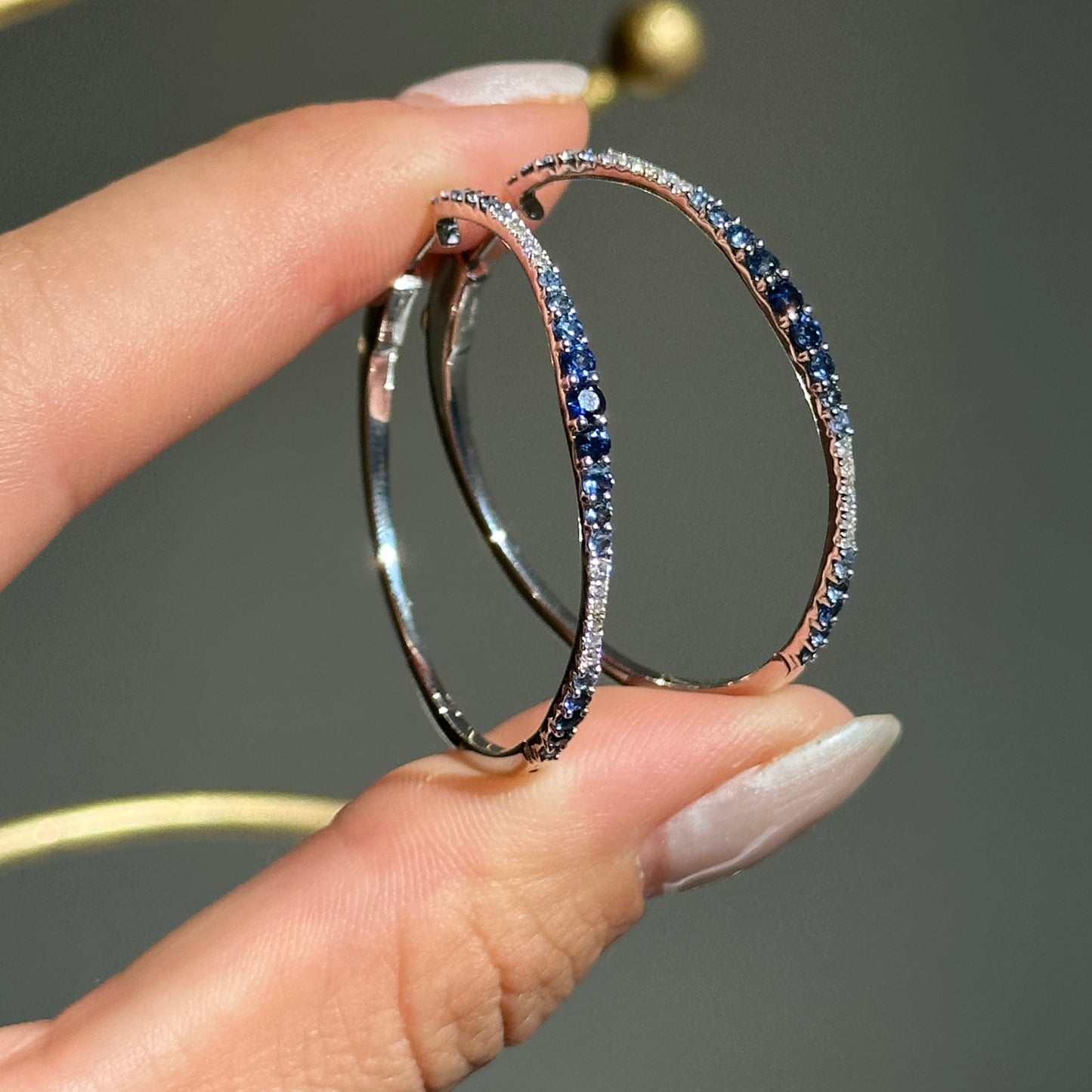 14KT White Gold Ombre Blue Sapphire + Diamond Hoop Earrings