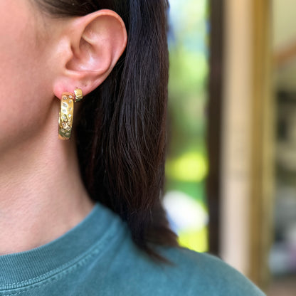 Estate 18KT Yellow Gold Multi-Shapes Gypsy Set Diamond Hoop Earrings Large