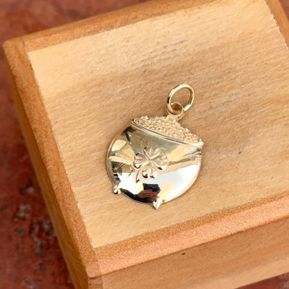 14KT Yellow Gold Detailed Pot of Gold with Clover Pendant Lucky Charm 064