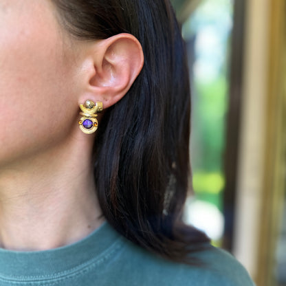 Estate 10KT Yellow Gold Amethyst + Cabochon Citrine Dangle Earrings