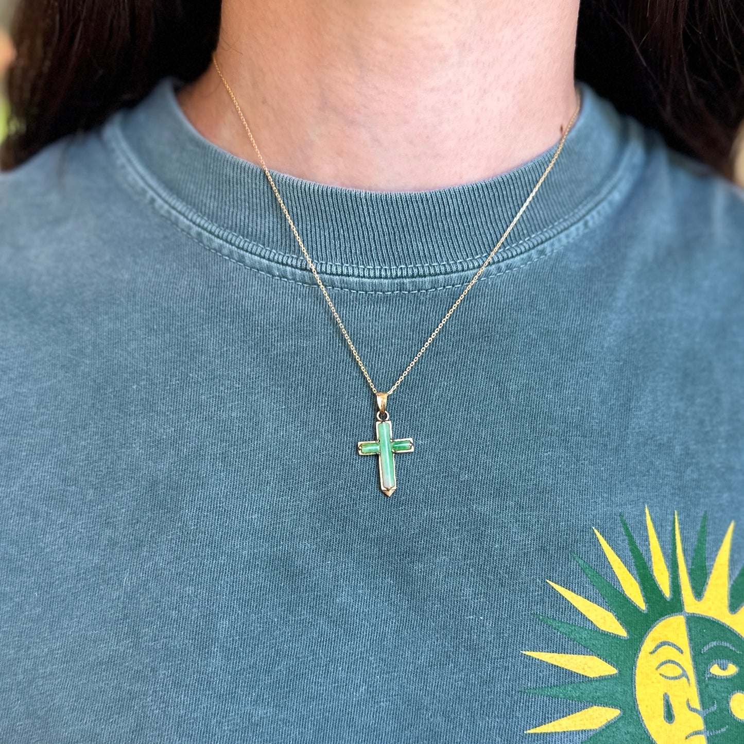 Estate 14KT Yellow Gold 3-Piece Green Jade Cross Pendant