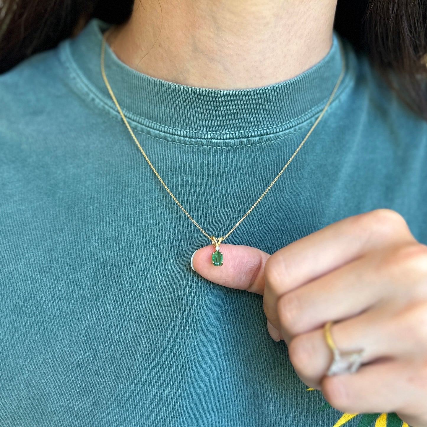 Estate 14KT Yellow Gold Oval Faceted Emerald + Diamond Pendant