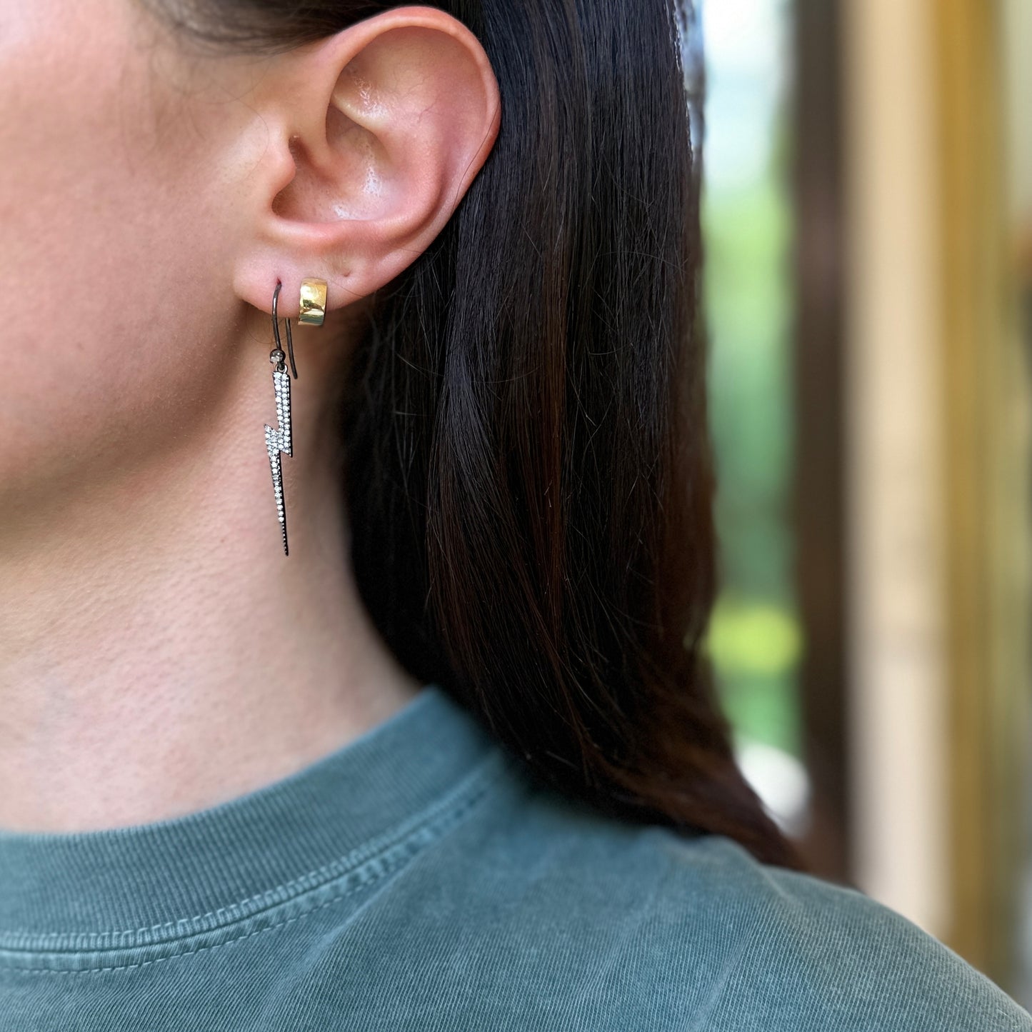 Sterling Silver Pave Diamond Lightening Bolt Dangle Earrings Blackened
