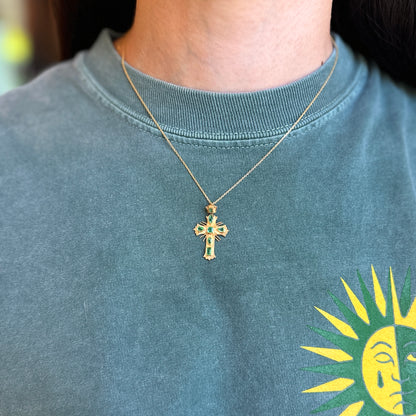 Estate 18KT Yellow Gold Multi Shaped Emerald Ornate Cross Pendant
