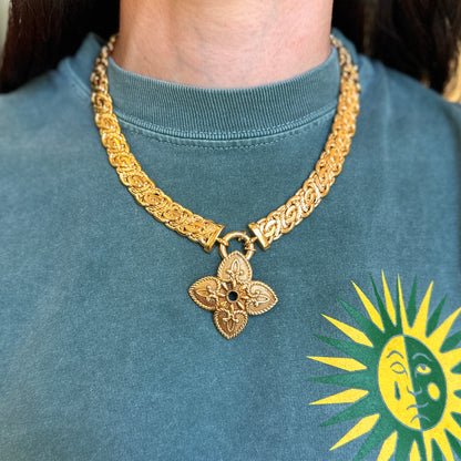 Estate 14KT Yellow Gold Cabochon Peridot Ornate Cross + Hidden Bail