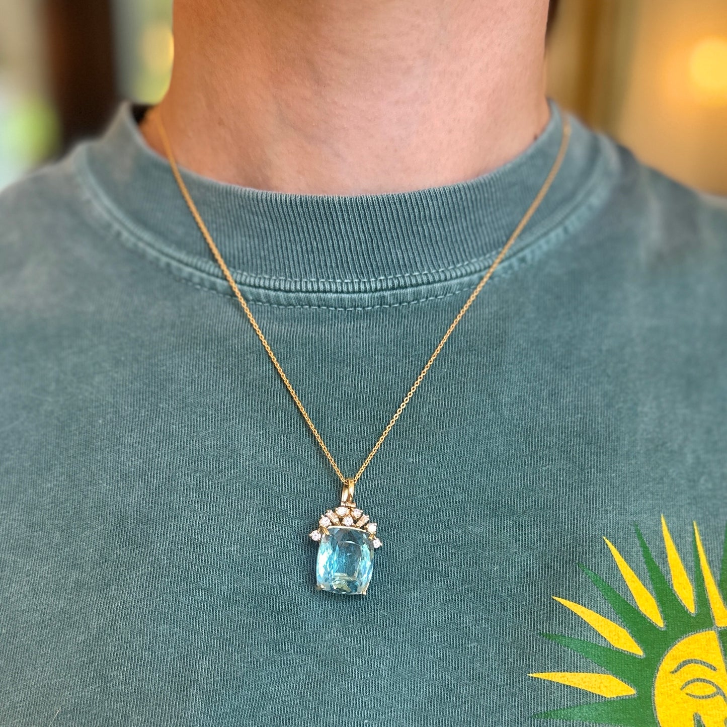 Estate 18KT Yellow Gold Cushion Swiss Blue Topaz+ Diamond Pendant Enhancer