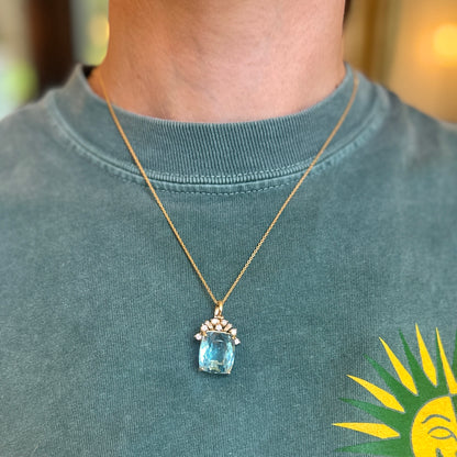 Estate 18KT Yellow Gold Cushion Swiss Blue Topaz+ Diamond Pendant Enhancer