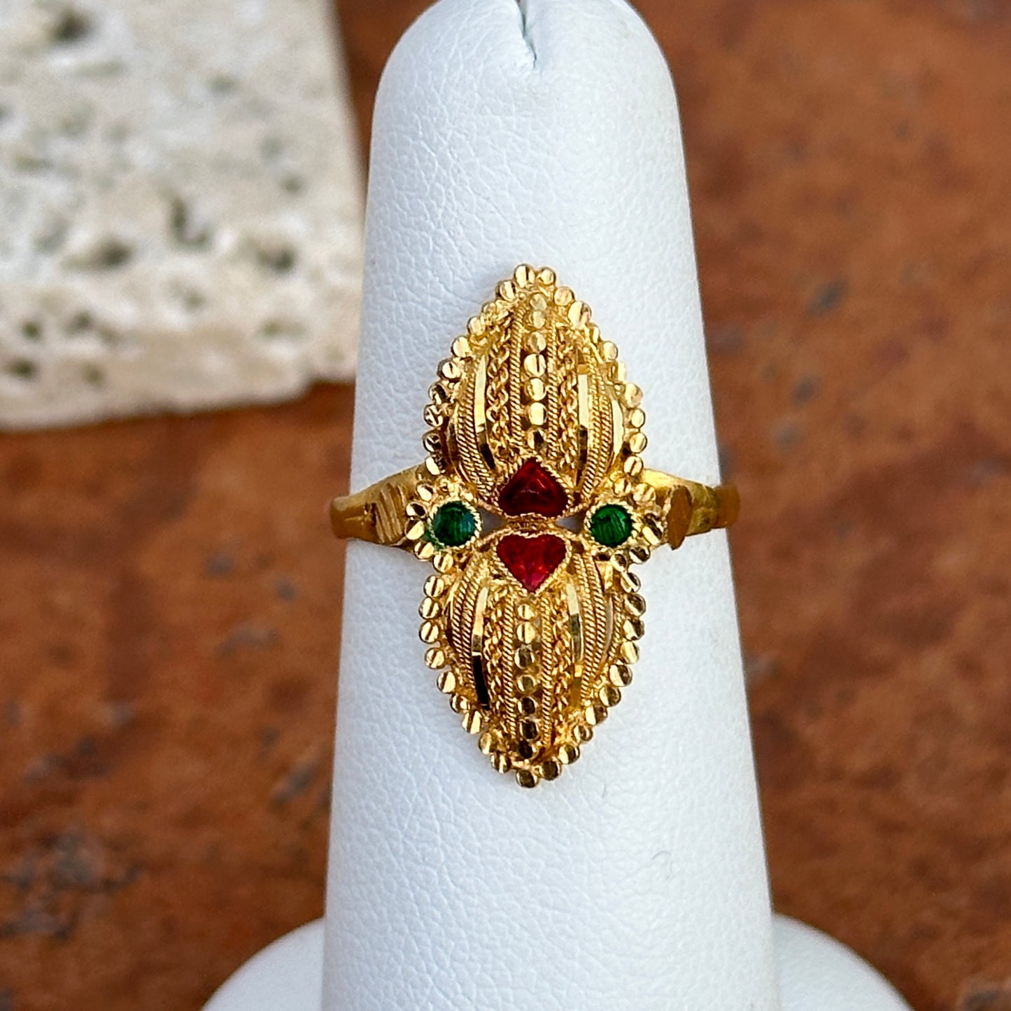 Estate 22KT Yellow Gold Enamel Filigree Byzantine Ring