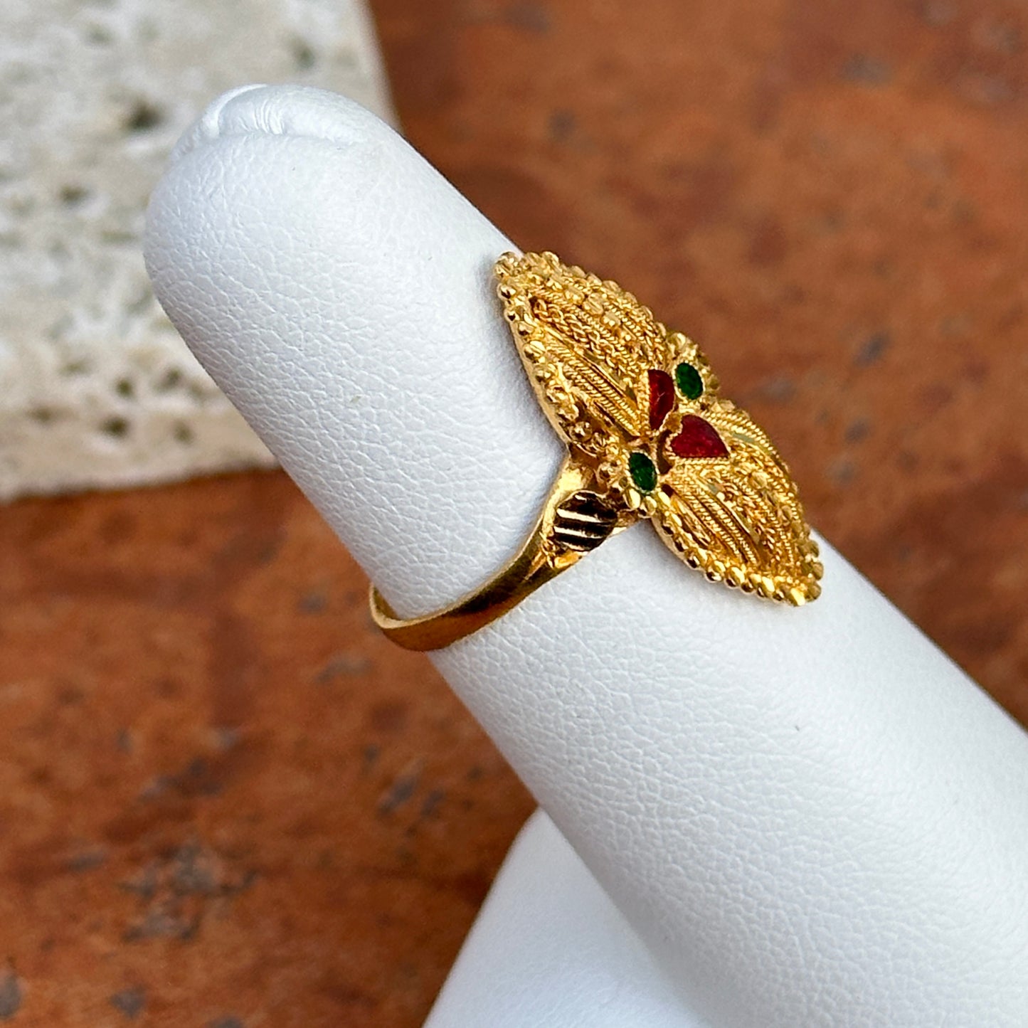 Estate 22KT Yellow Gold Enamel Filigree Byzantine Ring