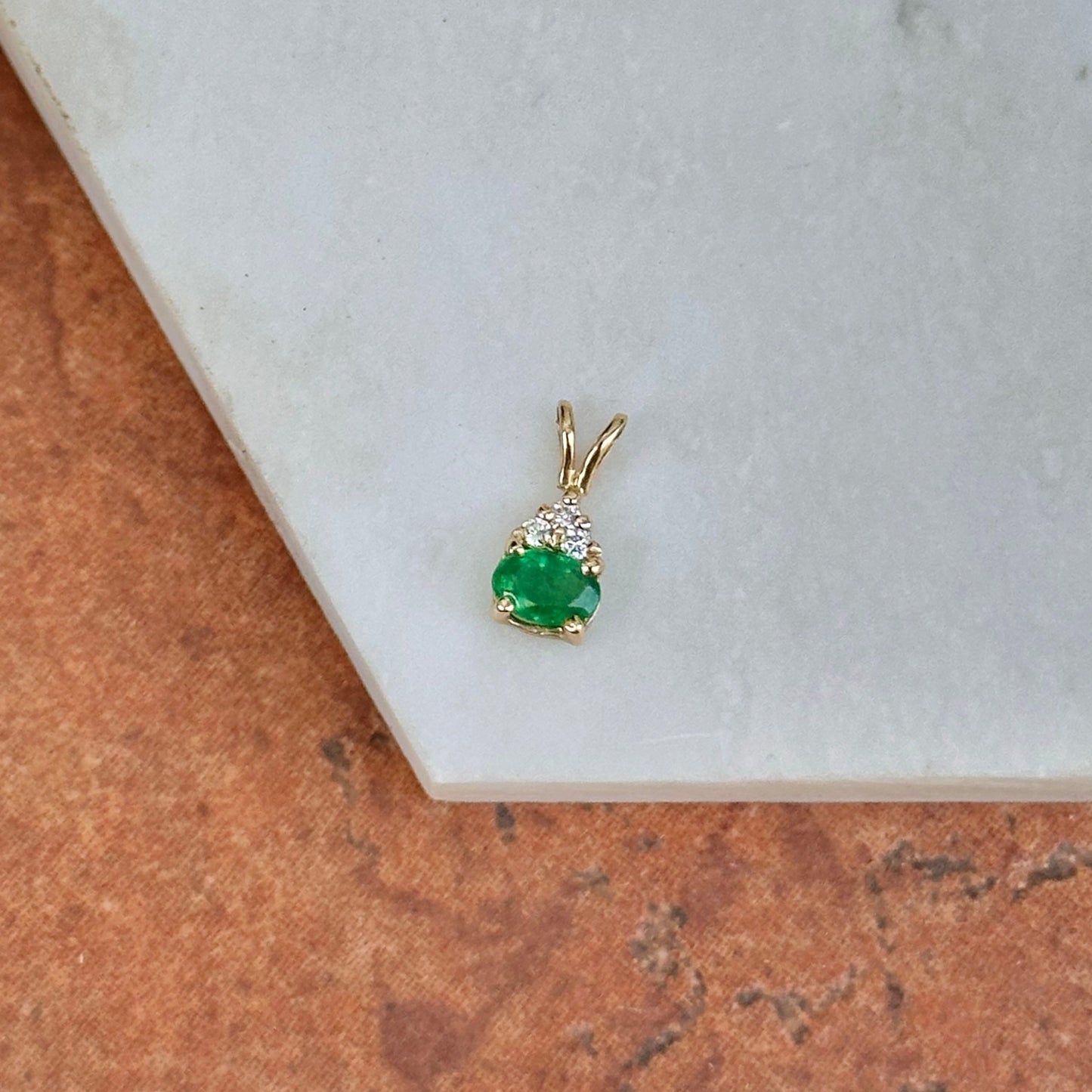 Estate 14KT Yellow Gold Oval Emerald + Diamond Drop Pendant