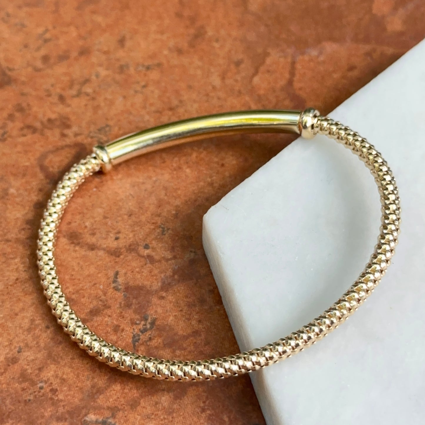 14KT Yellow God Mesh Slip-On Barrel Center Bracelet