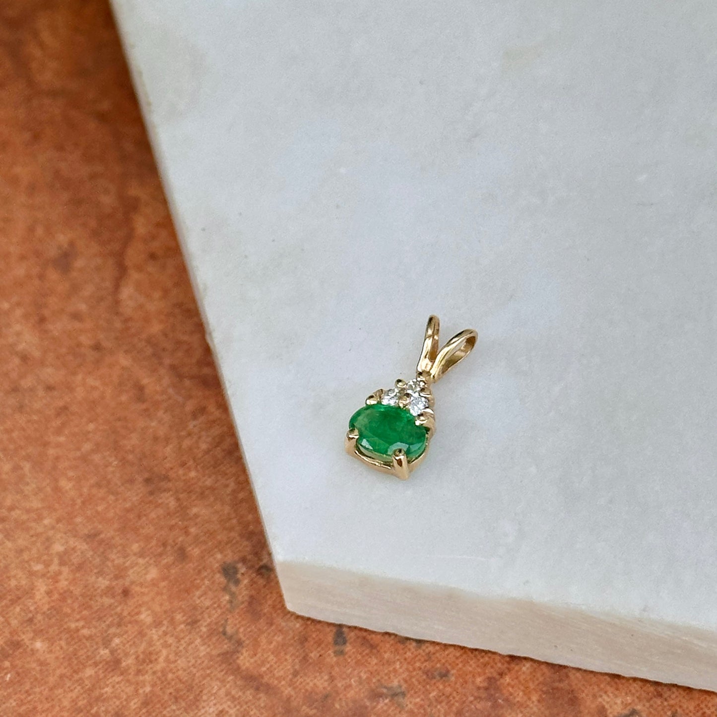 Estate 14KT Yellow Gold Oval Emerald + Diamond Drop Pendant