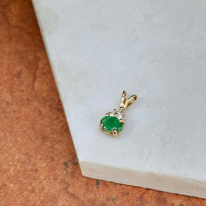 Estate 14KT Yellow Gold Oval Emerald + Diamond Drop Pendant