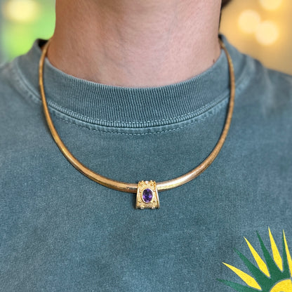 Estate 14KT Yellow Gold Oval Amethyst + Round Diamond Slide Pendant