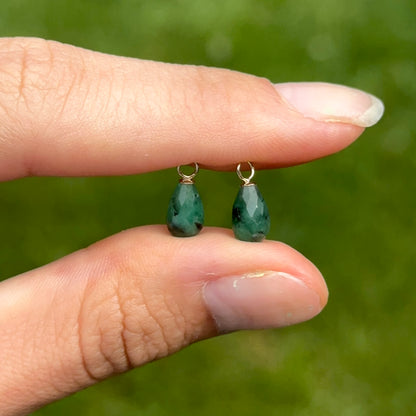 14KT Yellow Gold Teardrop Briolette Green Emerald Earrings Charms - LSJ