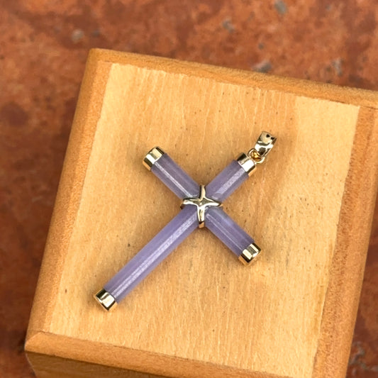 14KT Yellow Gold Purple Jade Detailed Cross Pendant Charm 36mm