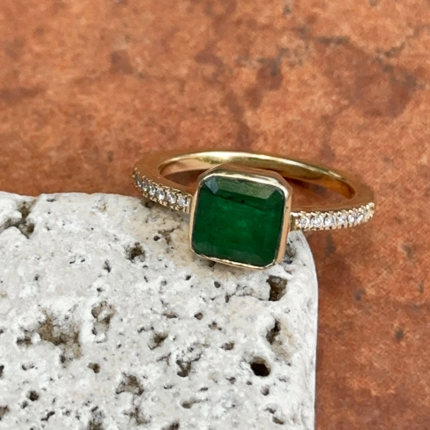 14KT Yellow Gold Bezel Emerald-Cut 1.10 CT Emerald + Diamond Ring