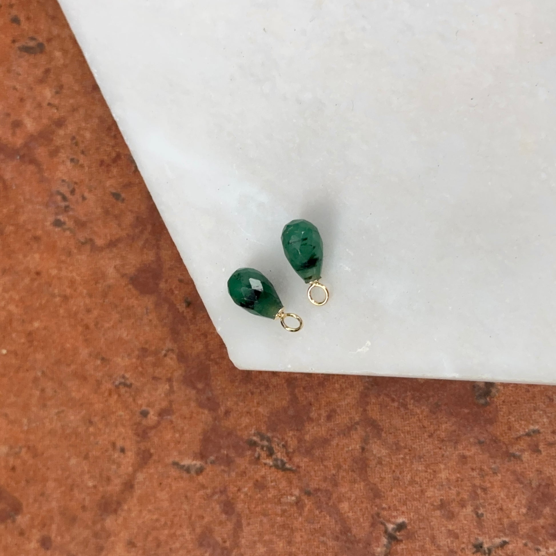 14KT Yellow Gold Teardrop Briolette Green Emerald Earrings Charms - LSJ