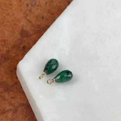14KT Yellow Gold Teardrop Briolette Green Emerald Earrings Charms - LSJ