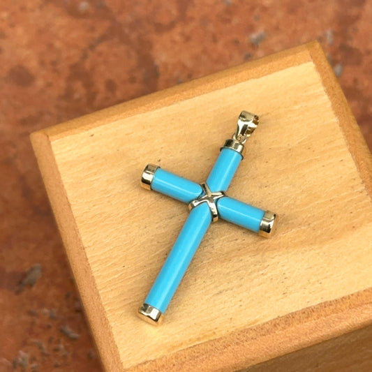 14KT Yellow Gold Turquoise Detailed Cross Pendant Charm 36mm