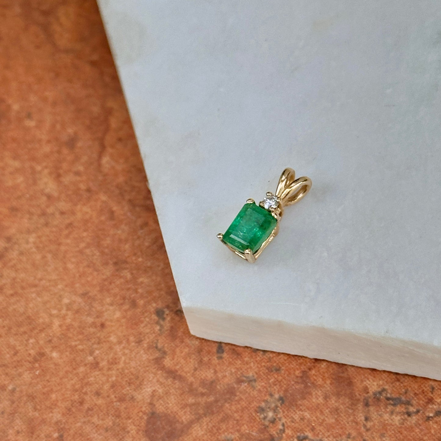 Estate 14KT Yellow Gold 1 CT Emerald-Cut Emerald + Diamond Pendant