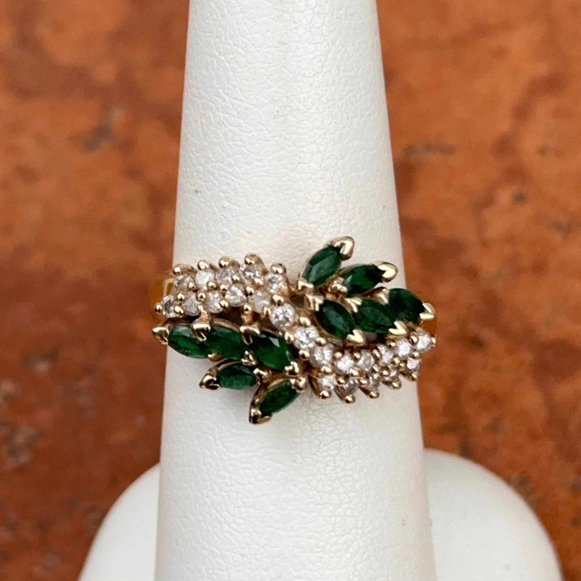 Estate 14KT Yellow Gold Marquise Colombian Emerald + Diamond Ring - LSJ