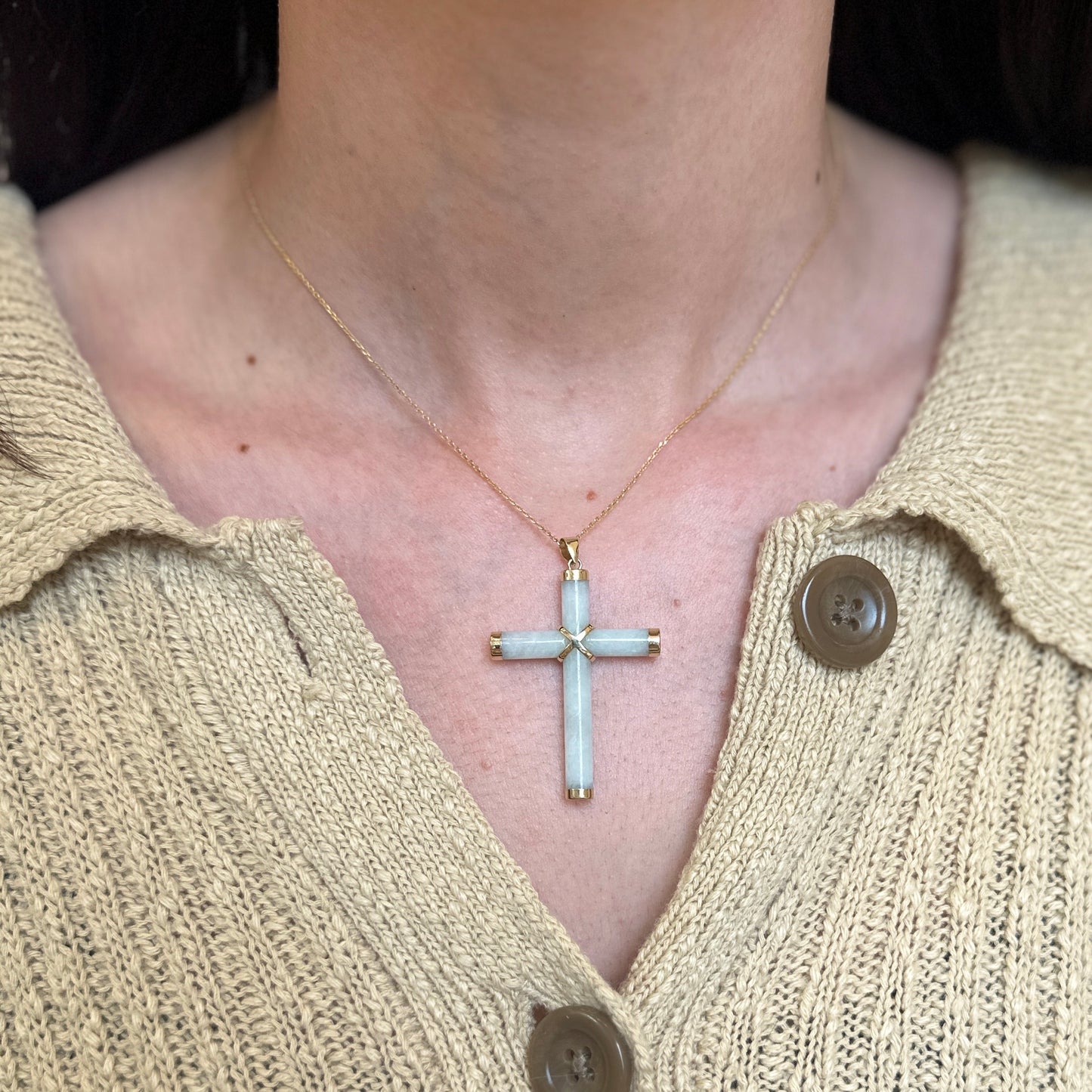 14KT Yellow Gold Jade Gemstone Detailed Cross Pendant Charm 40mm