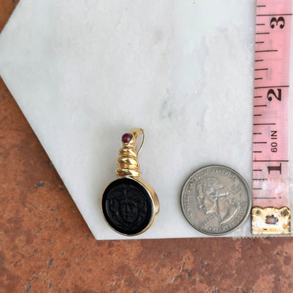 Estate 14KT Yellow Gold Carved Onyx Medusa Intaglio + Ruby Pendant