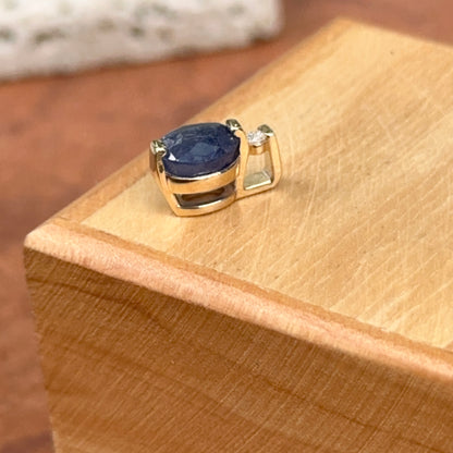 14KT Yellow Gold Oval Blue Sapphire + Diamond Pendant Slide