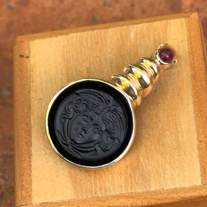Estate 14KT Yellow Gold Carved Onyx Medusa Intaglio + Ruby Pendant