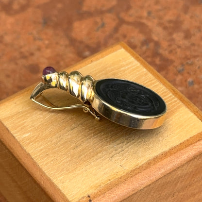 Estate 14KT Yellow Gold Carved Onyx Medusa Intaglio + Ruby Pendant