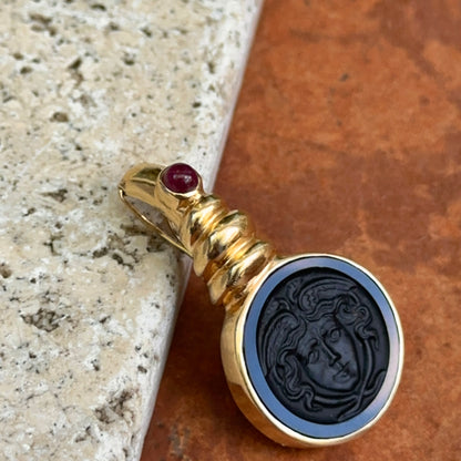 Estate 14KT Yellow Gold Carved Onyx Medusa Intaglio + Ruby Pendant