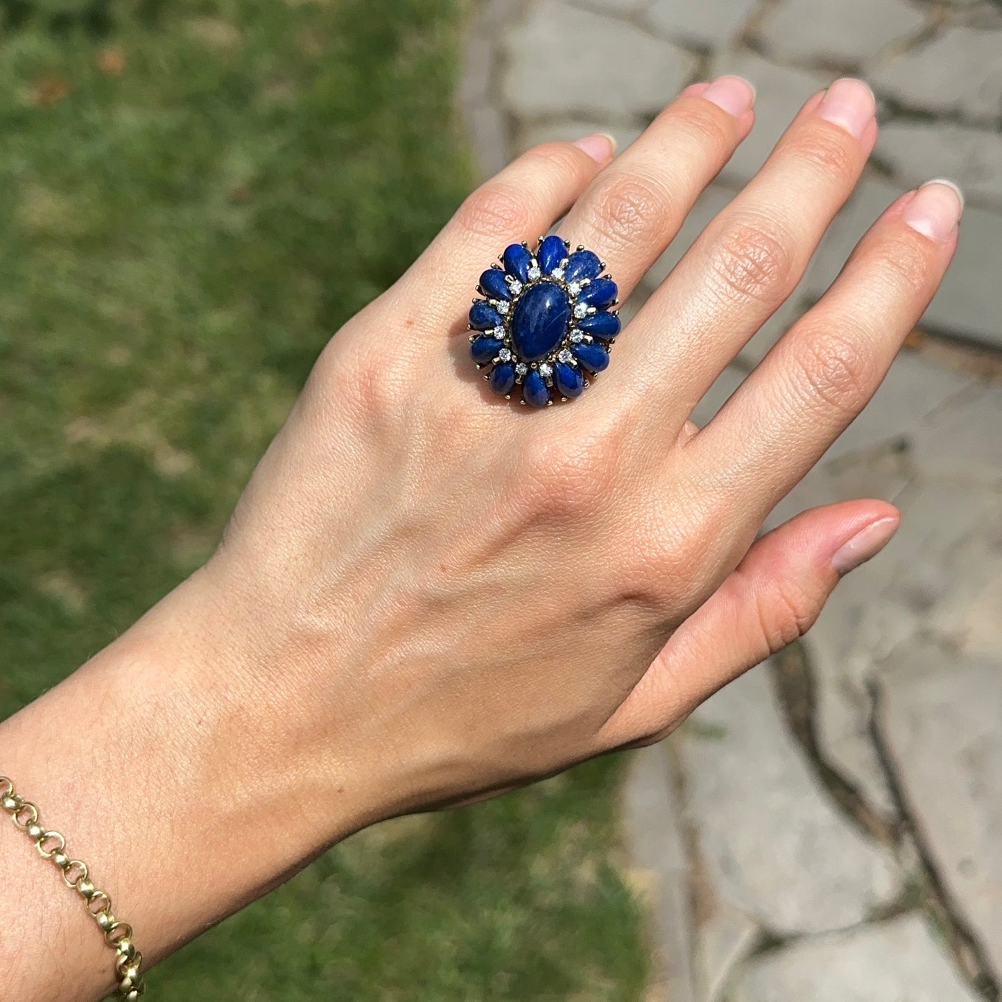 Estate 18KT Yellow Gold Oval & Pear Lapis Round Diamond Ring