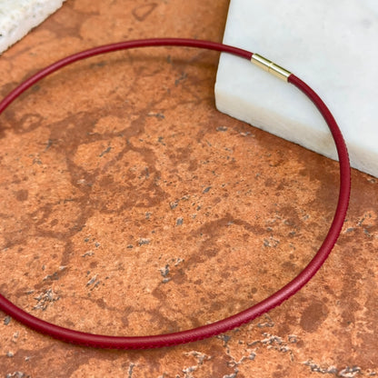 14KT Yellow Gold 3mm Stitched Red Leather Cord Necklace