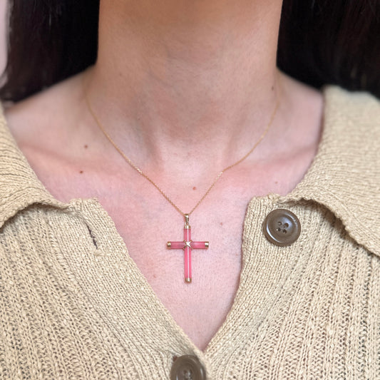 14KT Yellow Gold Pink Jade Detailed Cross Pendant Charm 36mm - LSJ
