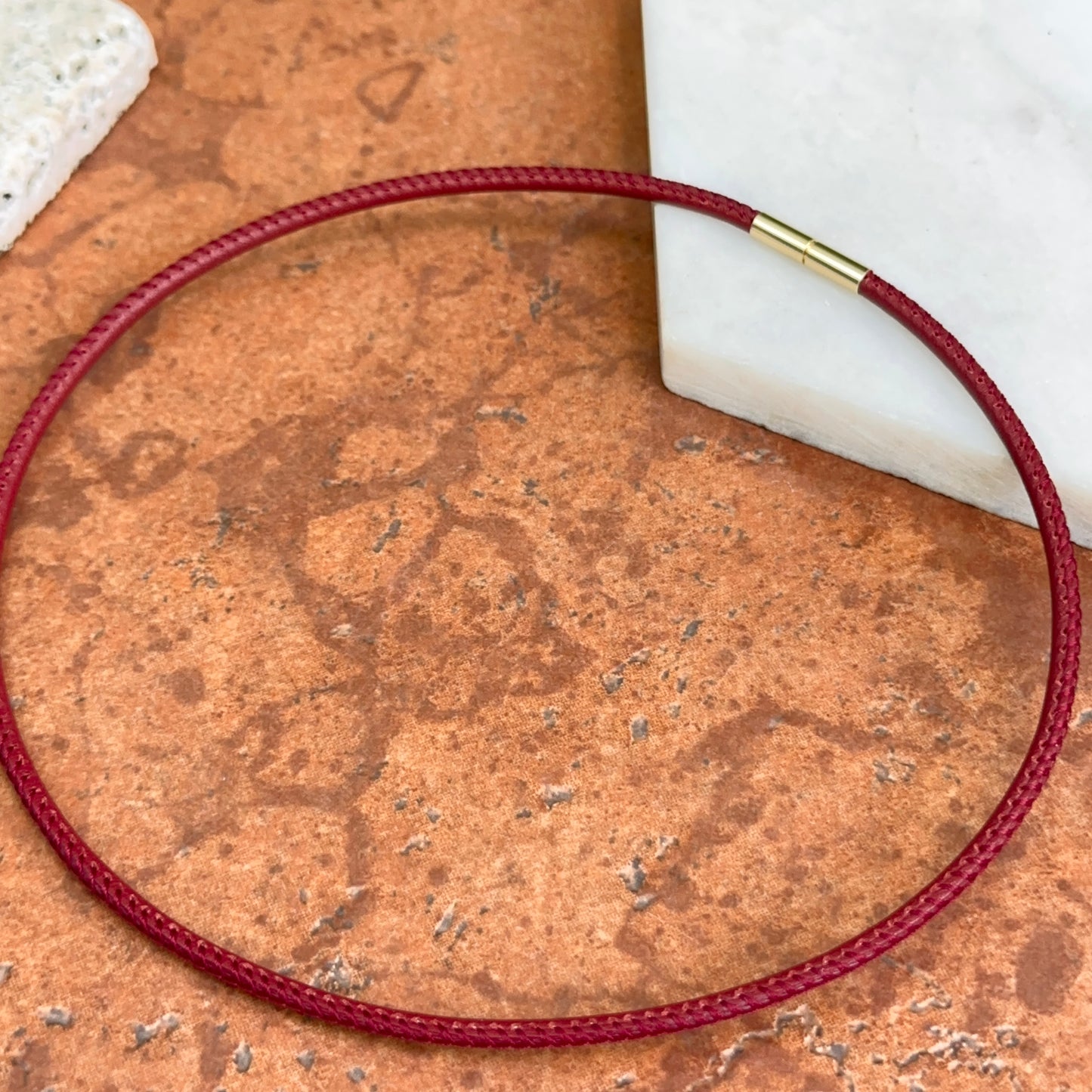 14KT Yellow Gold 3mm Stitched Red Leather Cord Necklace