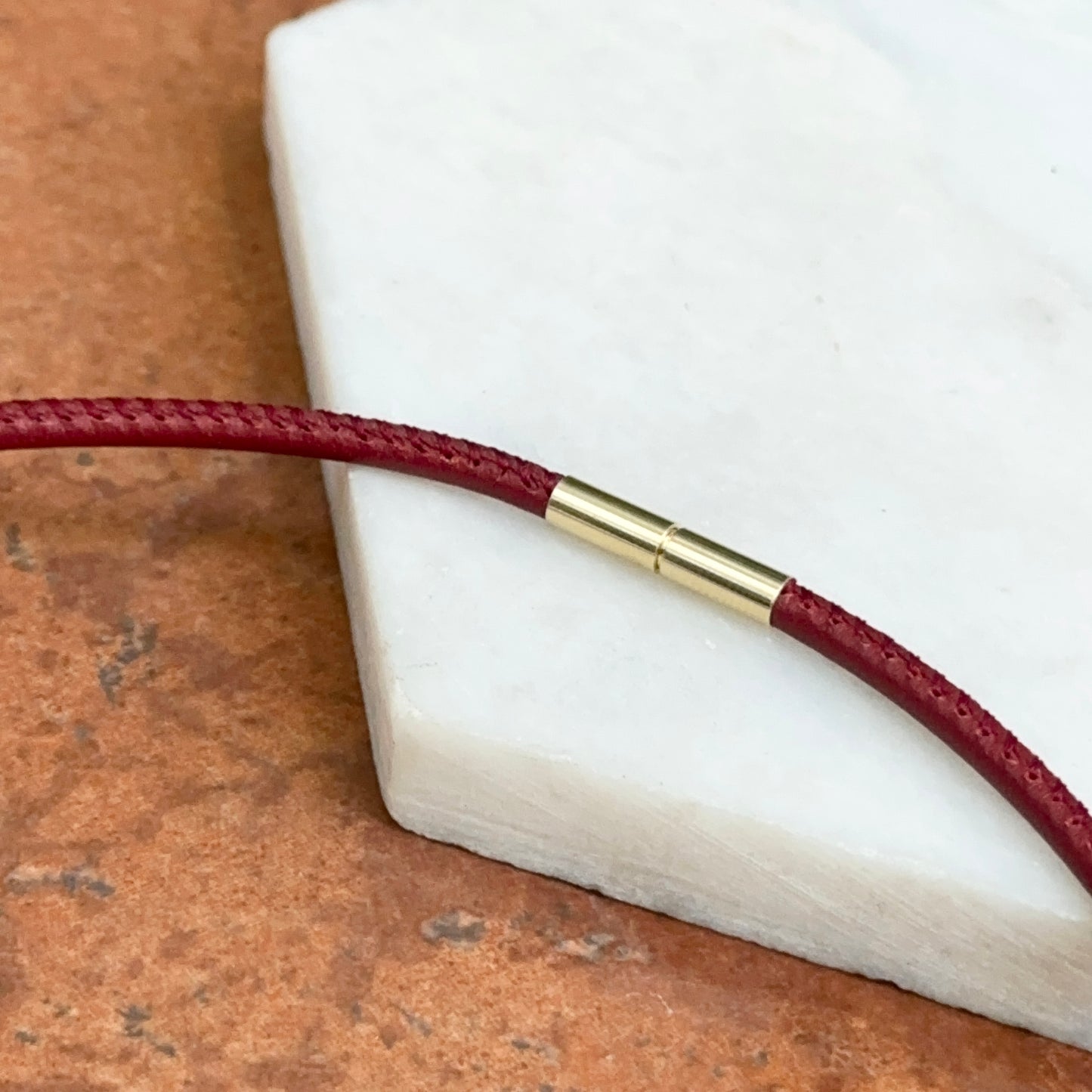 14KT Yellow Gold 3mm Stitched Red Leather Cord Necklace