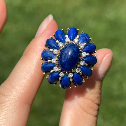 Estate 18KT Yellow Gold Oval & Pear Lapis Round Diamond Ring