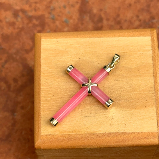 14KT Yellow Gold Pink Jade Detailed Cross Pendant Charm 36mm