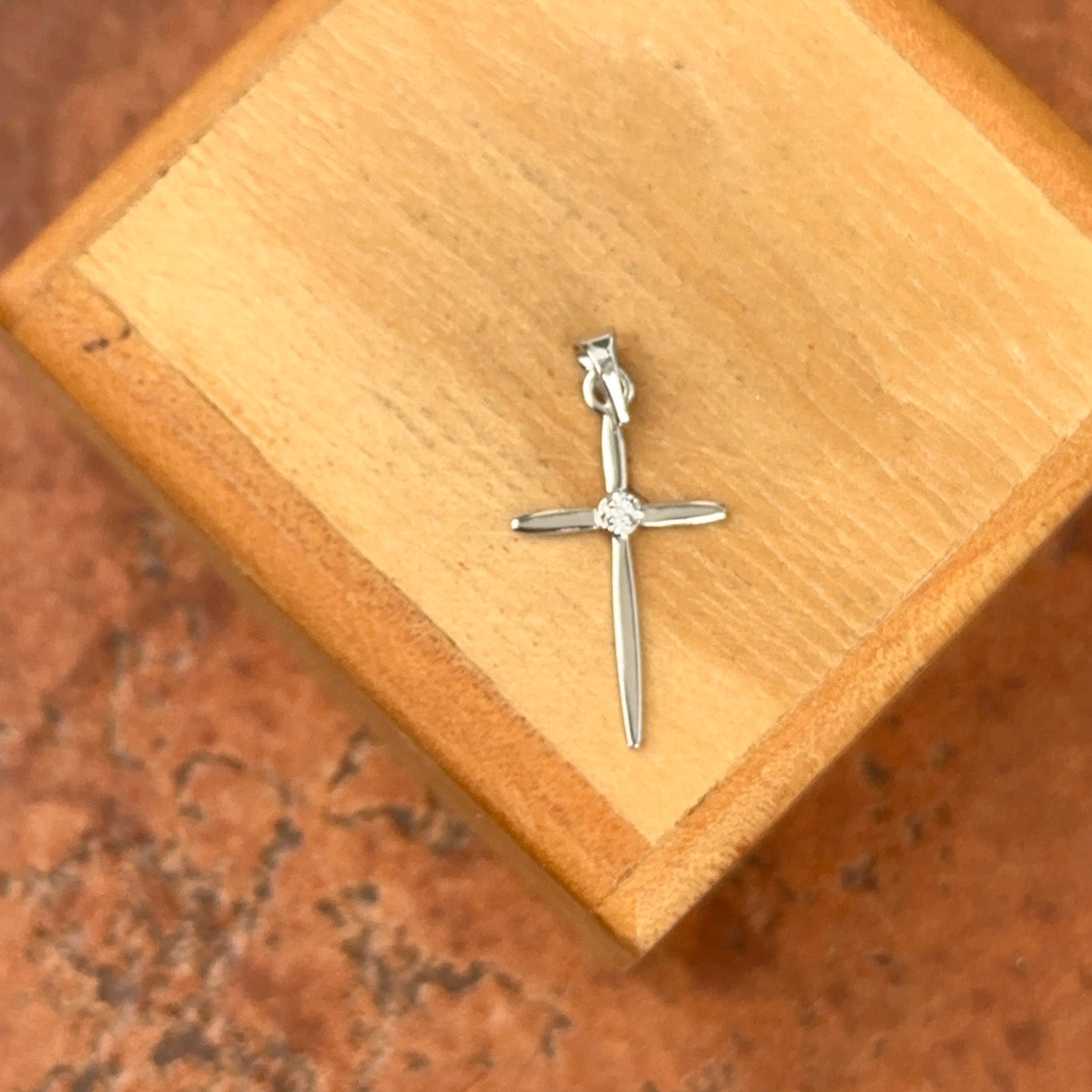 14KT White Gold Solitaire Diamond Cross Pendant Charm