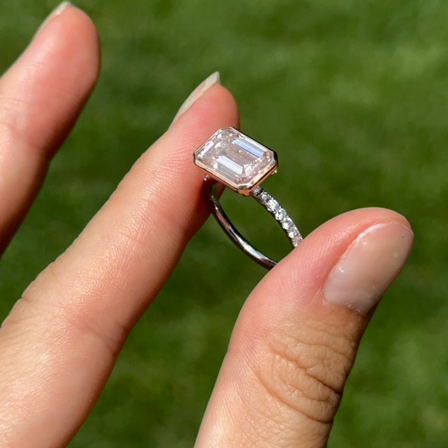 Estate 14KT White + Rose Gold 4.3 CT Pink Emerald-Cut Lab Diamond Ring