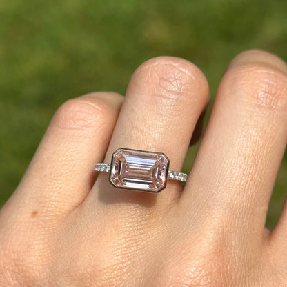 Estate 14KT White + Rose Gold 4.3 CT Pink Emerald-Cut Lab Diamond Ring
