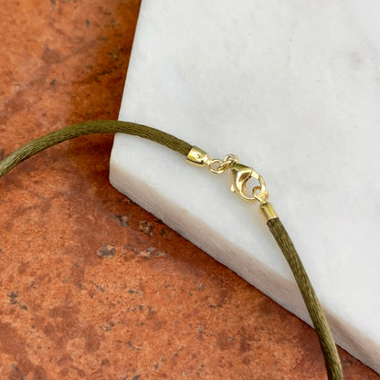14KT Yellow Gold 2.8mm Olive Green Silk Cord Necklace