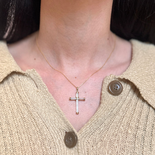 14KT Yellow Gold Mother of Pearl White Cross Pendant Charm 36mm