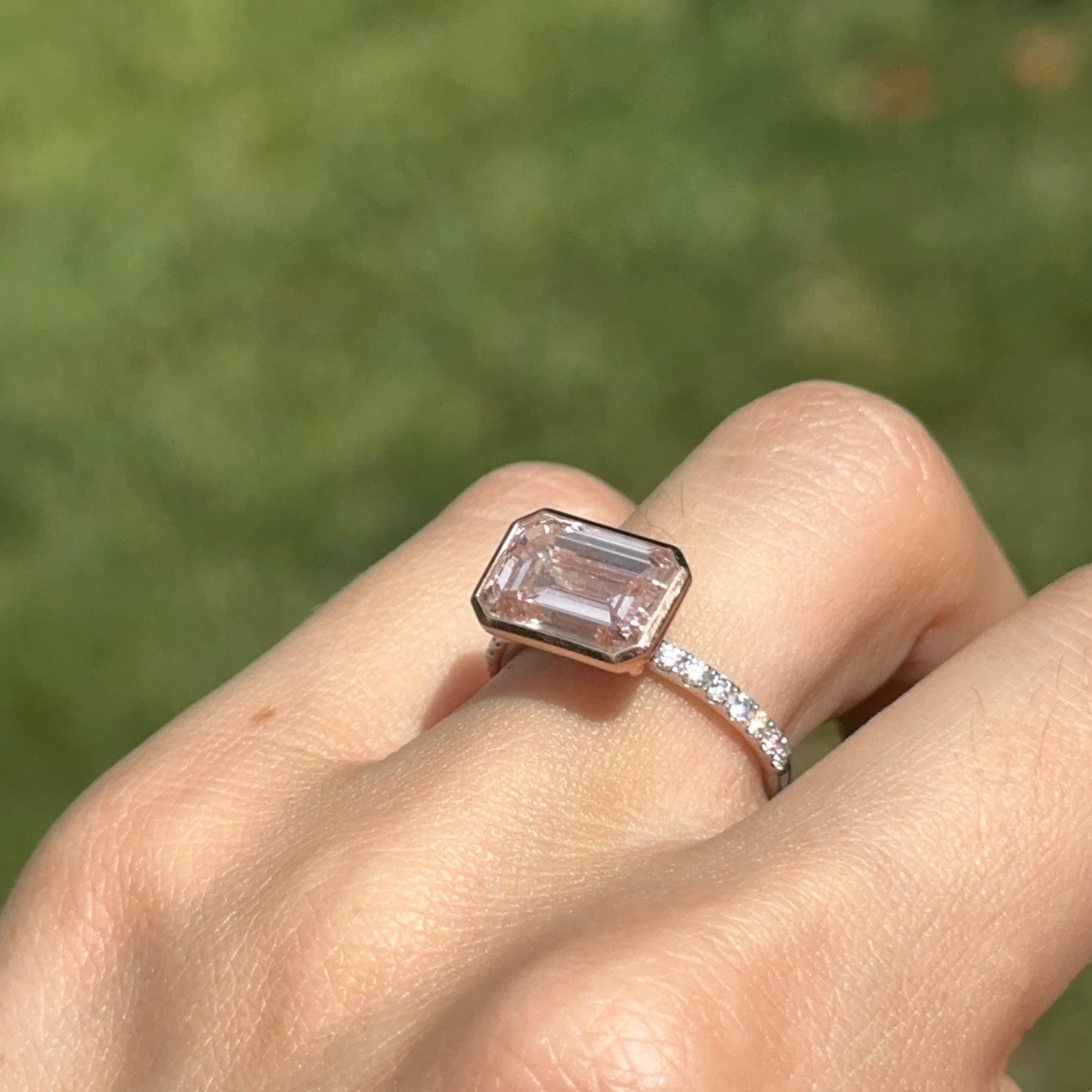 Estate 14KT White + Rose Gold 4.3 CT Pink Emerald-Cut Lab Diamond Ring