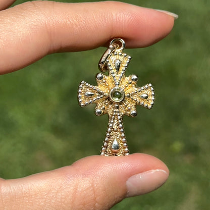 Estate 14KT Yellow Gold Cabochon Peridot Ornate Cross Pendant + Enhancer Bail